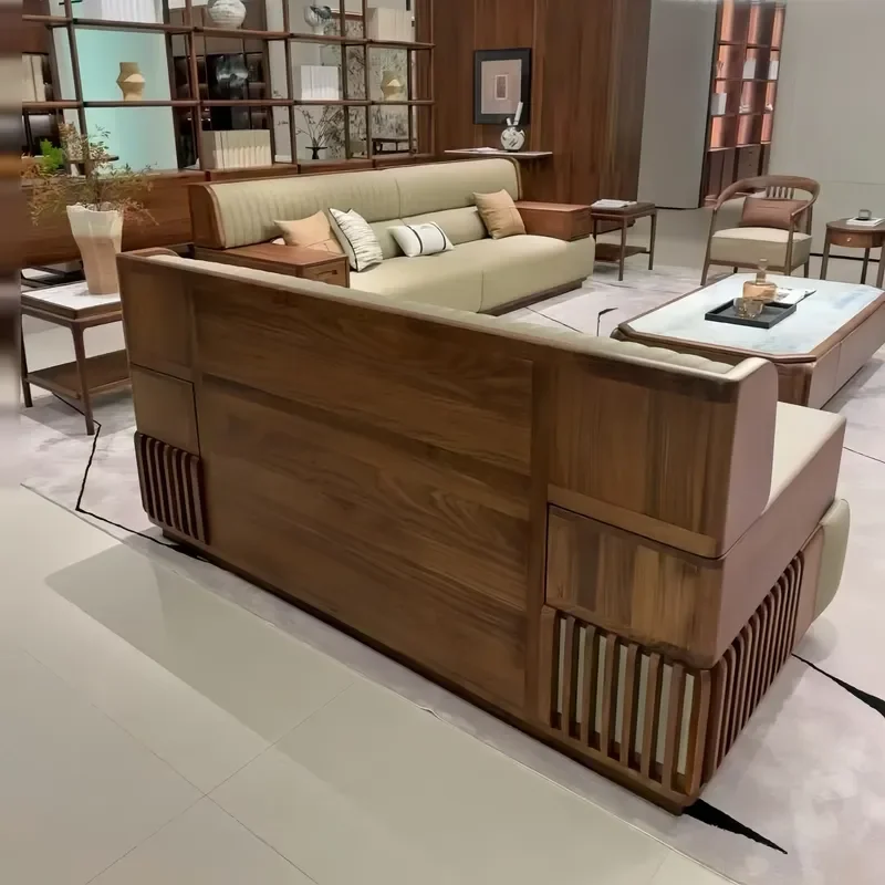 New Chinese Style Solid Wood Sofa Set Zen Living Room Modern Simple Fabric Sofa with Coffee Table Furniture