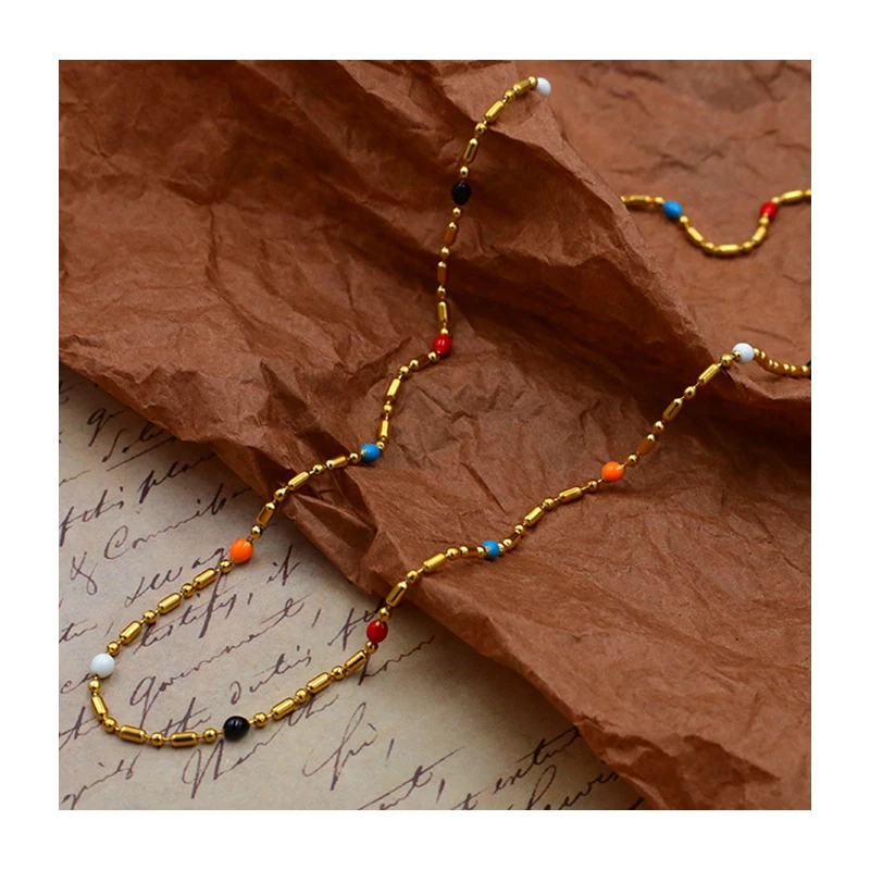 

Gold Chain Necklace Women Waterproof Stainless Steel Beaded Multicolor Ball