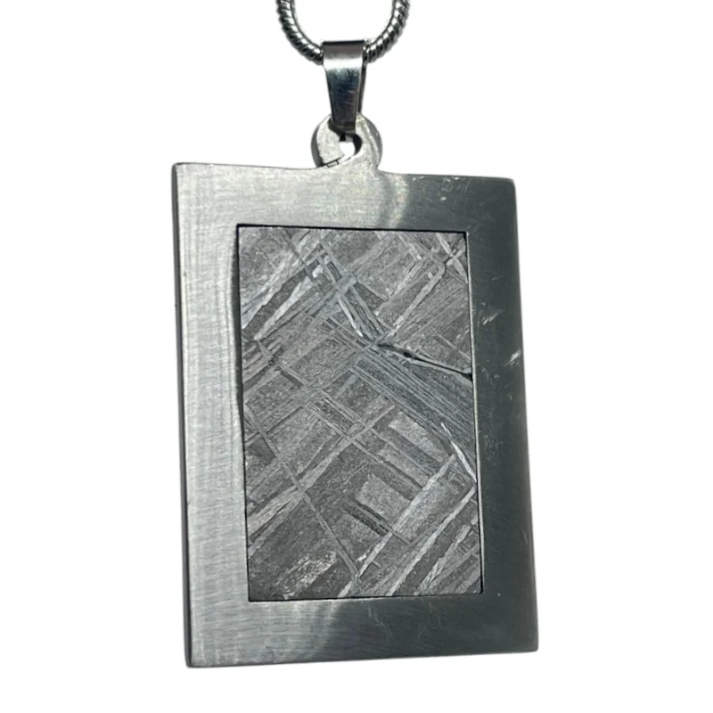 Natural Gibeon Iron Meteorite Inlaid Rectangular Pendant Polished Space Rock Mens Collectible Jewelry Necklace Gift -LK670