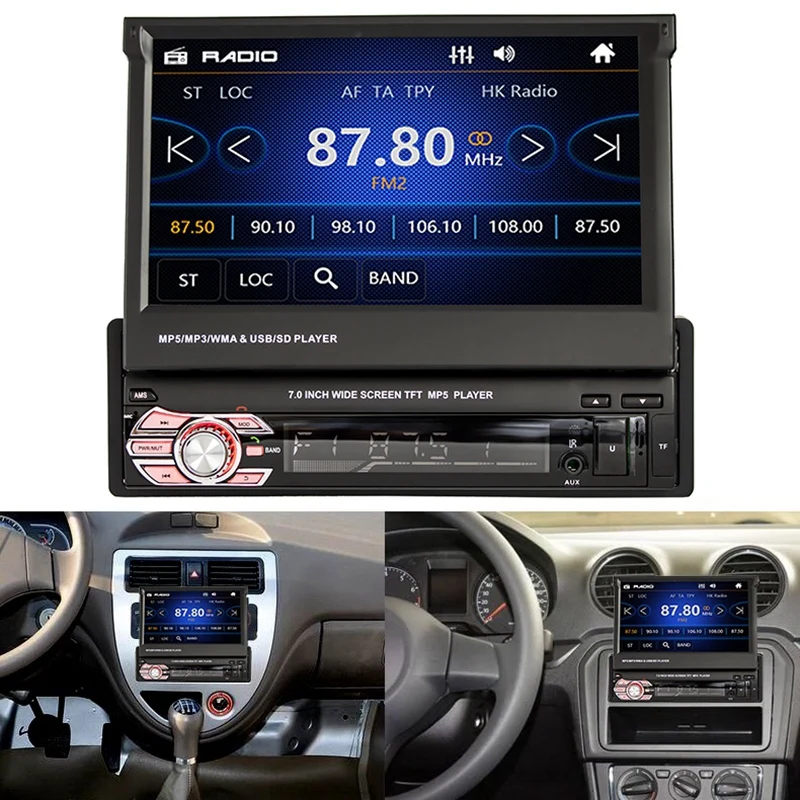 Auto Retractable 1 Din 7 Inch Car Radio Hd Touch-Screen Mp5 Player Bluetooth Radio Usb Tf Fm Multimedia Player