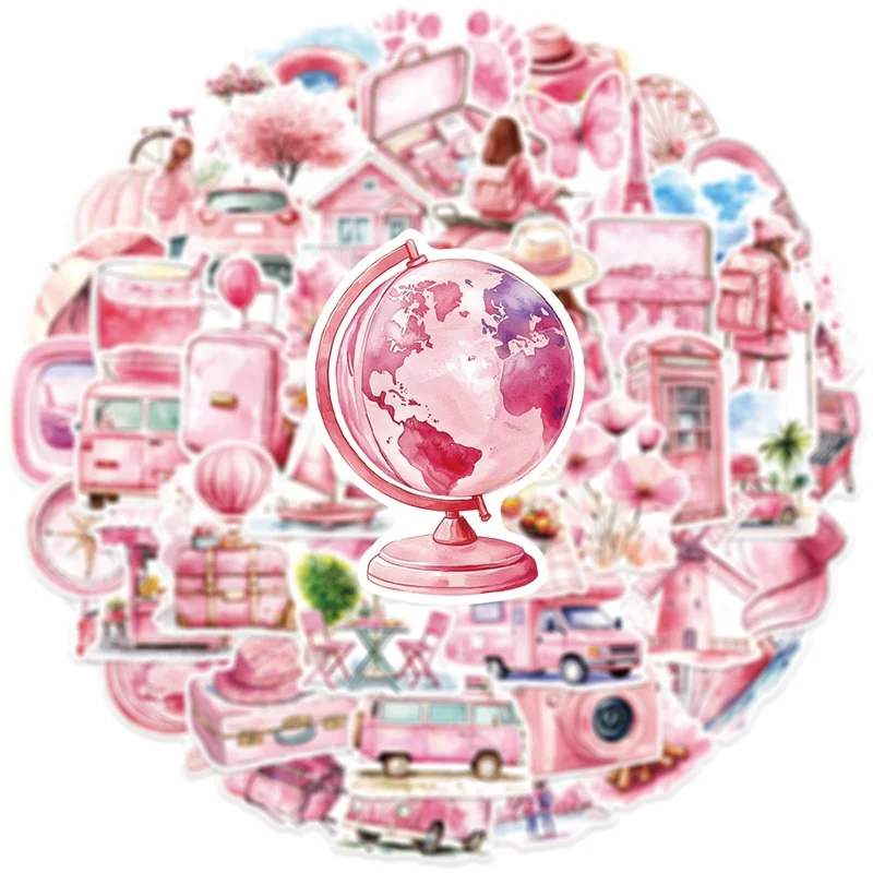 10/30/50PCS Kawaii Pink Travel Sticky PVC Sticker Aesthetic DIY Colored Decoration Scrapbooking Stationery Supplies