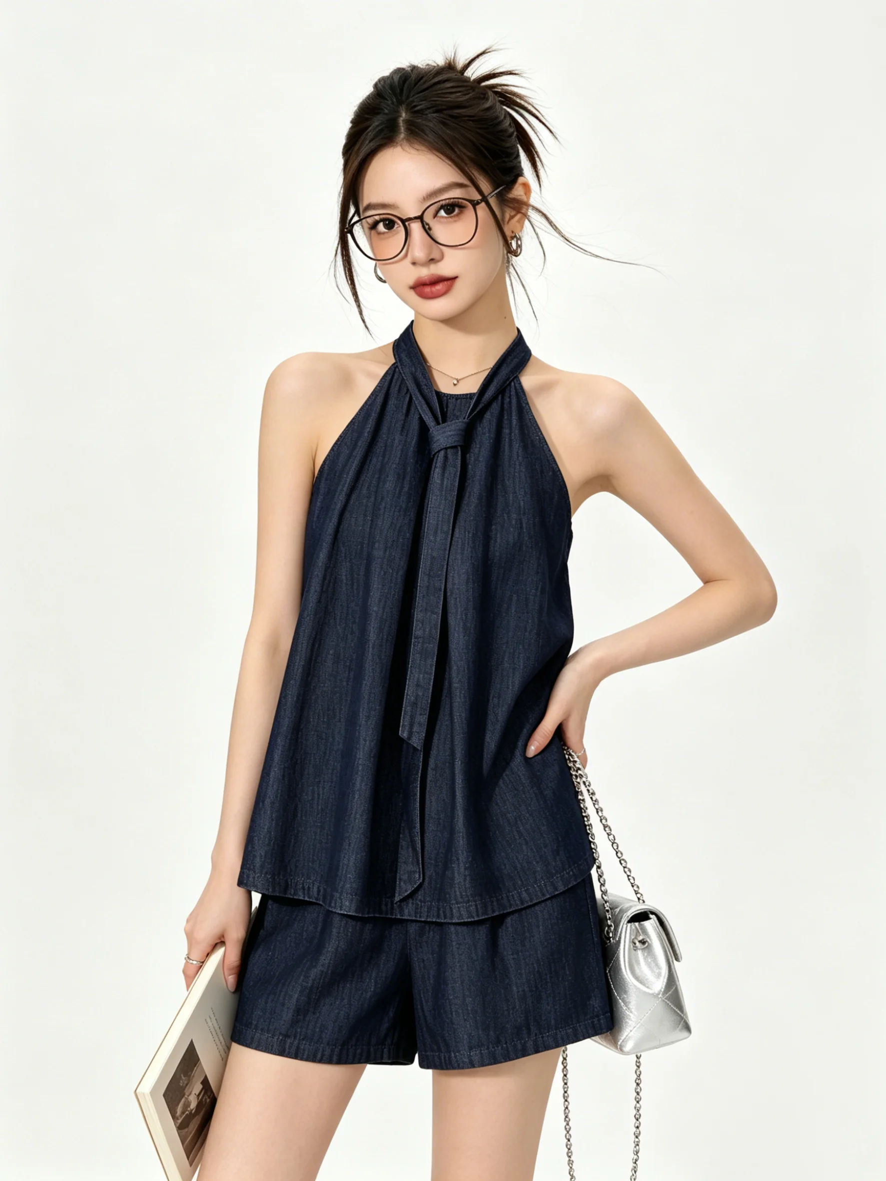 

Laid-back Style Neck Hanging Strapless Casual Sleeveless Denim Vest Youthful Fashion Set High Waist Shorts Summer Outfit