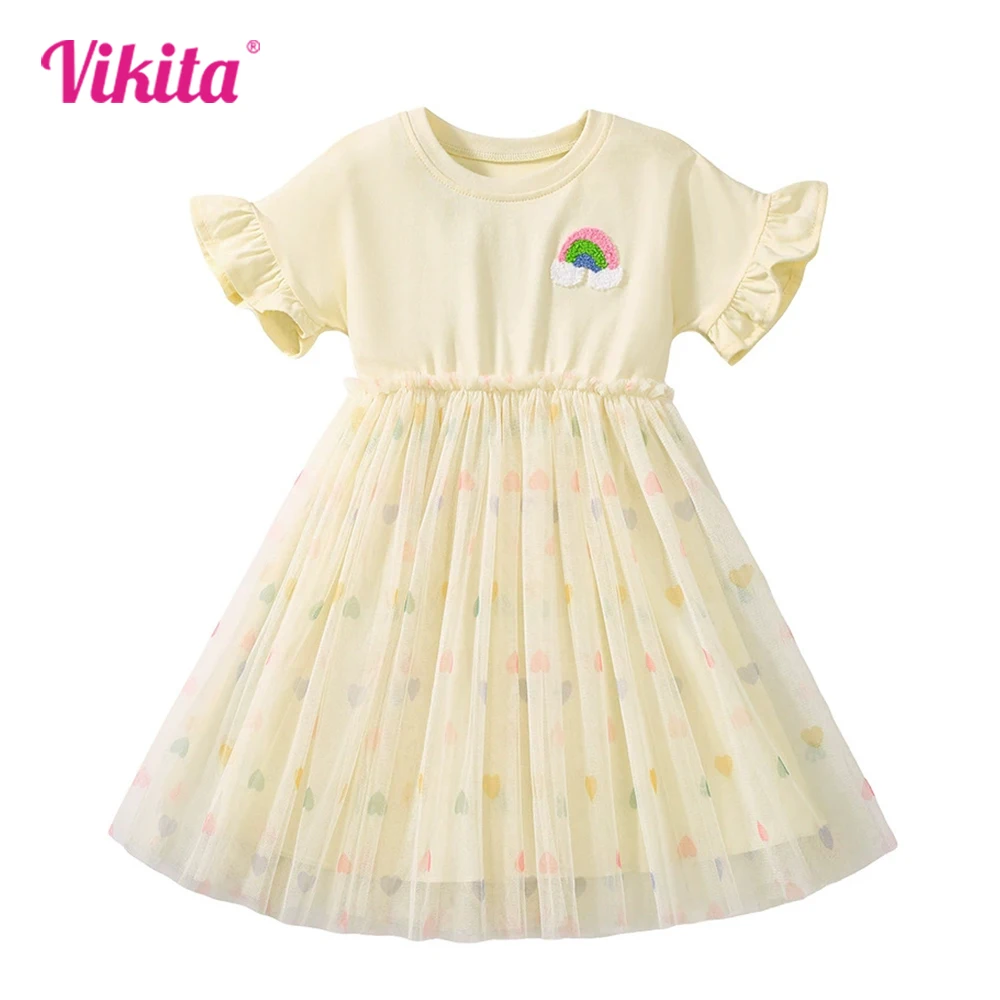 

VIKITA 2025 New Summer Children Clothes Kids Short Sleeve Rainbow Appliqued Yellow Mesh Tulle Birthday Party Performance Frocks