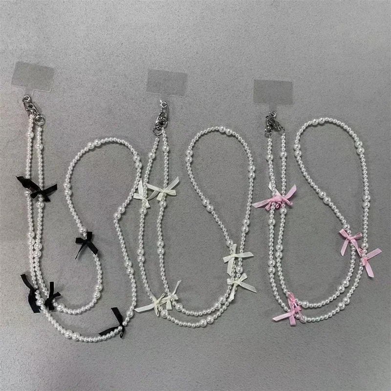 Mobile Phone Hanging Rope Long Cross Crossbody Lanyard Sweet Pearls Bowknot Phone Chain Strap Round Bead Piece AntiLoss Strap