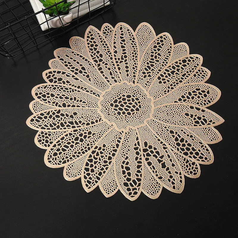 

1Pc 38x38cm Gold Silver Sunflower Dinner Table Mat PVC Hollow Home Non-slip Placemat Insulation Pad Wedding Party Decor