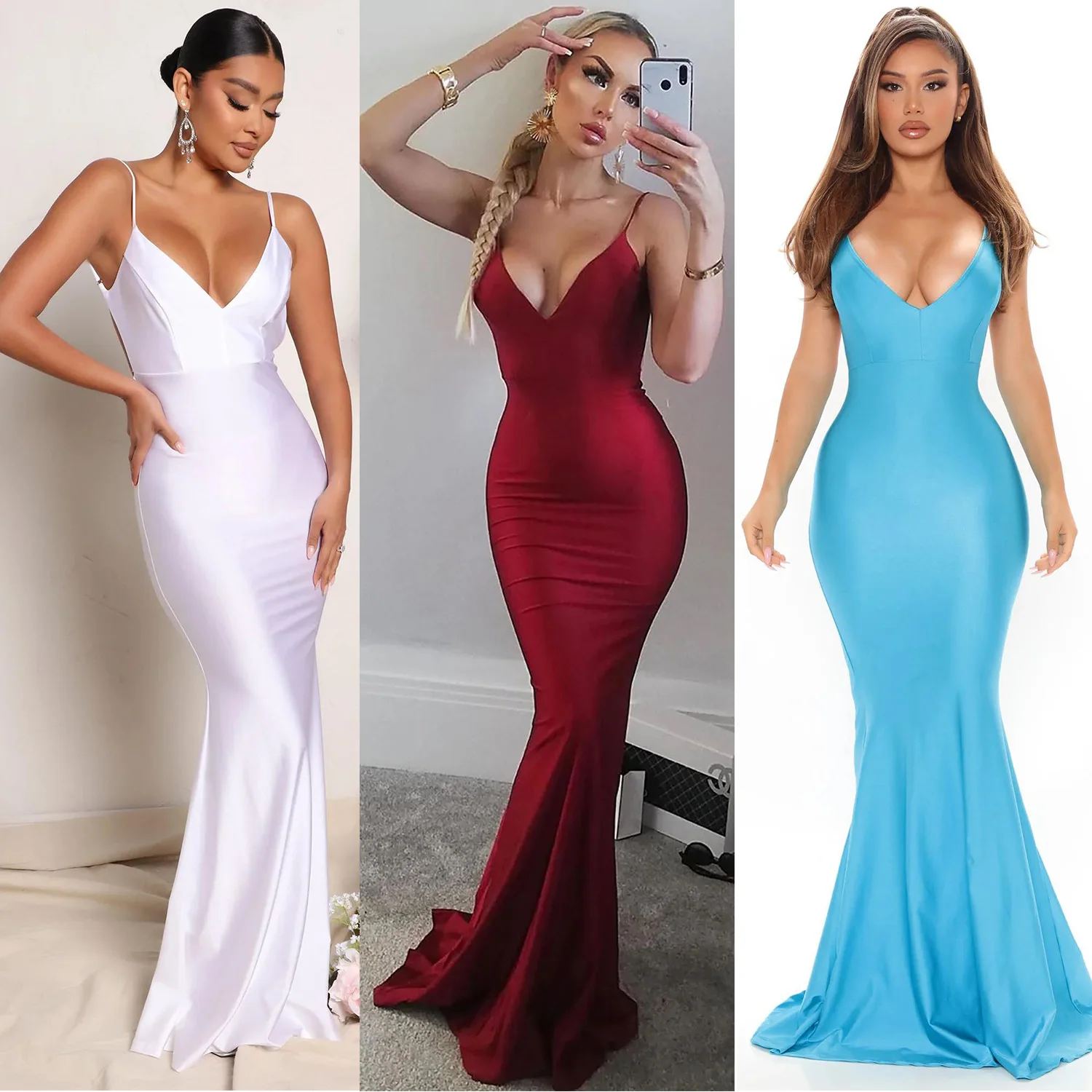 

Autumn and winter women's clothing is fashionable and sexy, tight V-neck long fishtail evening dress shows thin temperament, hig
