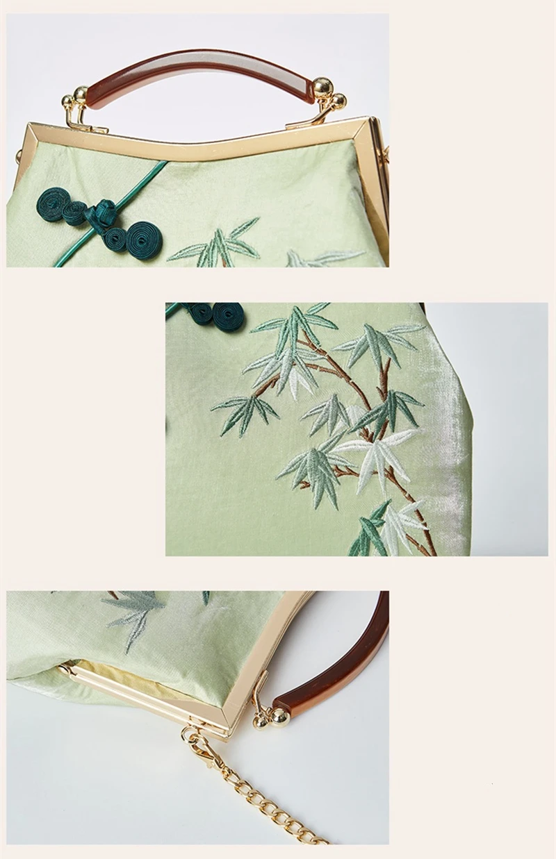 Female Velvet Aesthetic Cottage Bamboo Embroidery Hanfu Side Sling Bag Oriental Chinese Button Fringed Small Phone Green Handbag