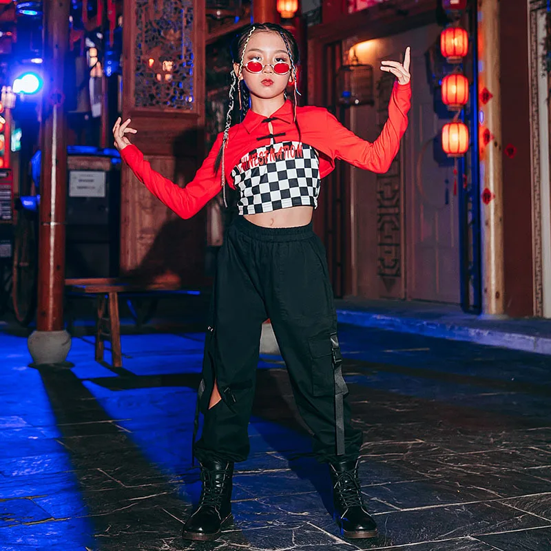 ヒップホップジャズ子供用ダンスウェア、ショーパンツスーツ、k-popステージの衣装、ダンスウェア、女の子の服、赤、黒、白の衣装、3個