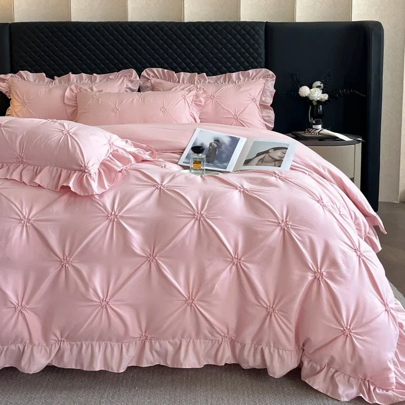 Solid color princess wind-washed cotton skin-friendly cotton twist lace craftsmanship beautiful series four-piece set