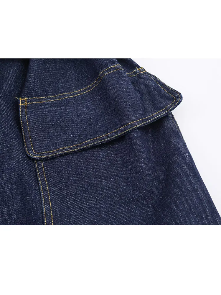 سترة نسائية شتوية عصرية من HH بتصميم كتف ثنيات من قماش الدنيم سترة واقية قصيرة للسيدات بأكمام طويلة وجيوب وحزام