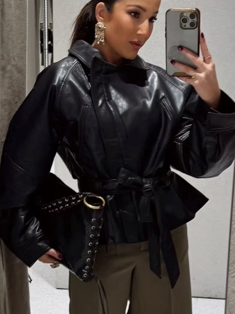 TFMLN Giacca da donna in ecopelle con cintura Colletto rovesciato nero Maniche lunghe Tasca con cerniera Cappotti corti da donna Streetweer
