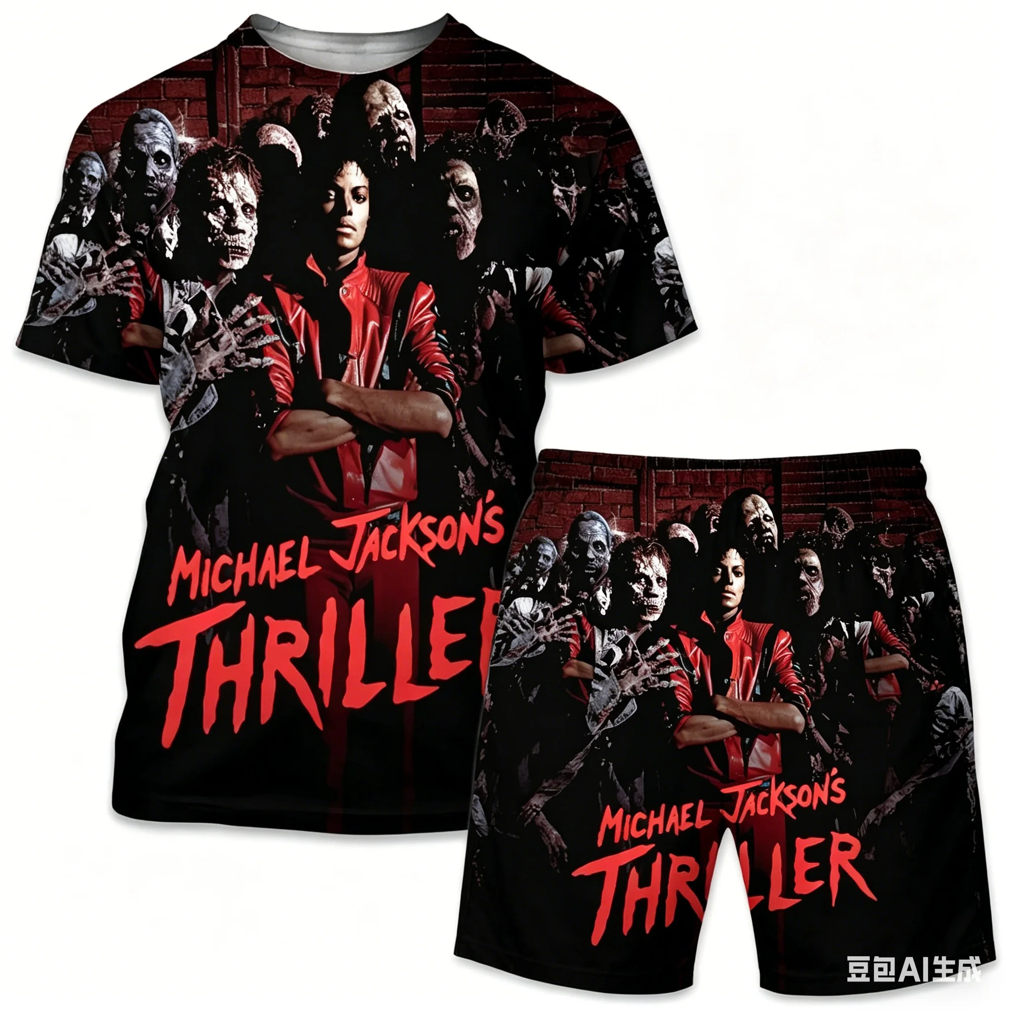 2026 New Summer Michael Jackson Thriller Themed 2PCS Set Breathable Short Sleeve T-Shirt + Drawstring Casual Shorts