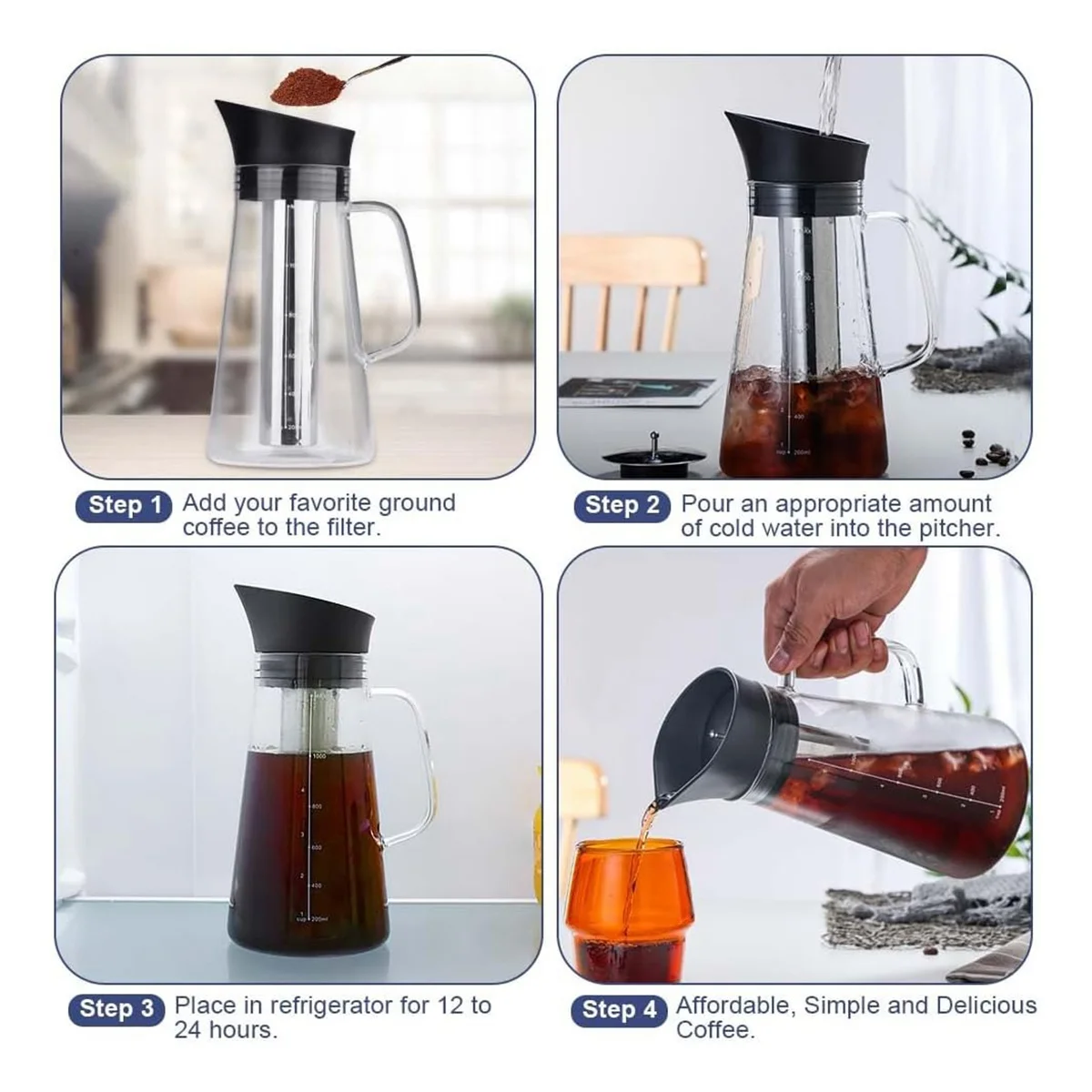 Cold Brew Coffee Maker, Iced Coffee Maker Machine, Cold Brew Tea Pitcher Durable Glass and Airtight Lid Coffee Pot 1.2L