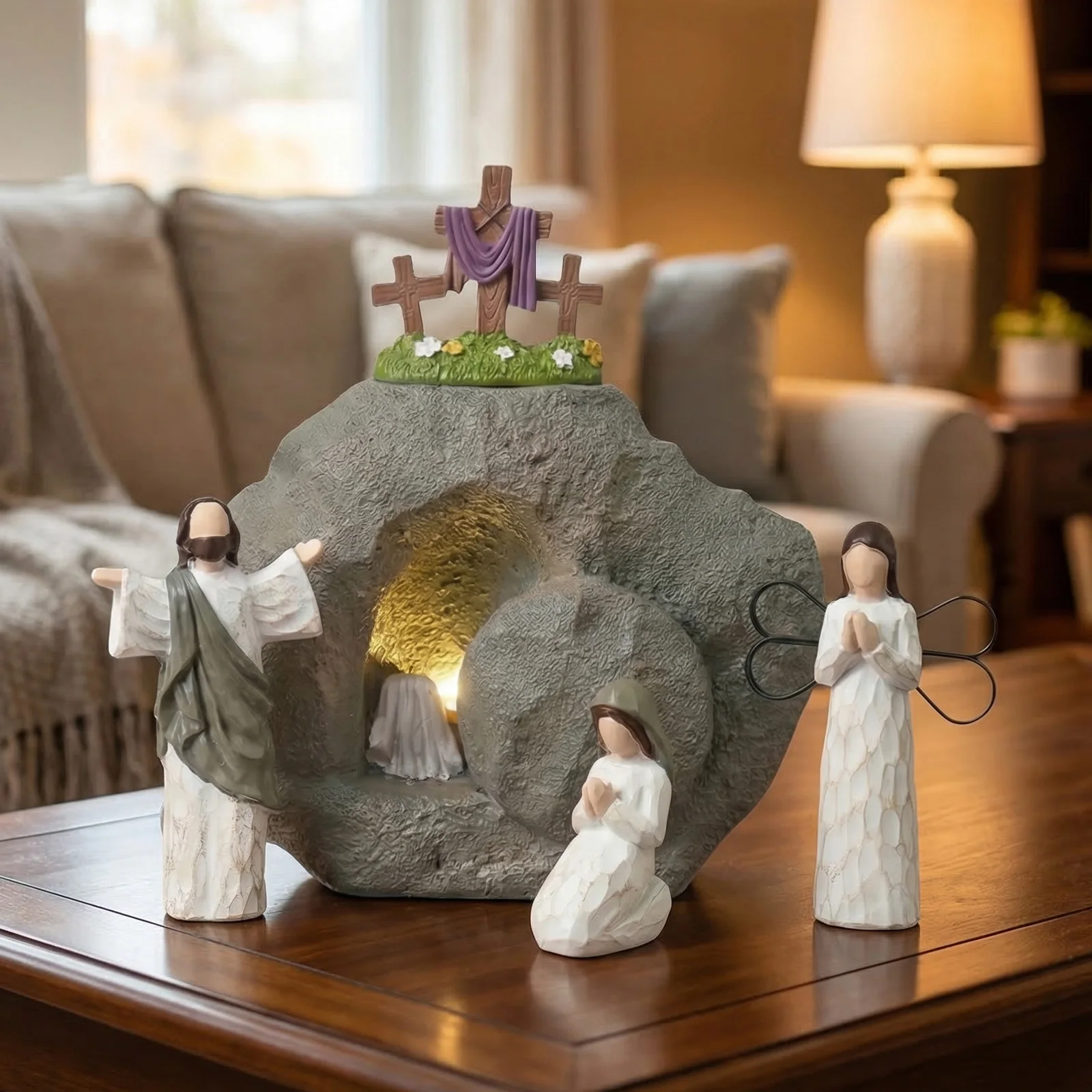 Decoración Cristiana de Pascua, Figuras Pequeñas de Jesús, Decoración para Repisa de Pascua con Cruz para Exhibición Religiosa, Hogar, Oficina, Bandeja de Mesa