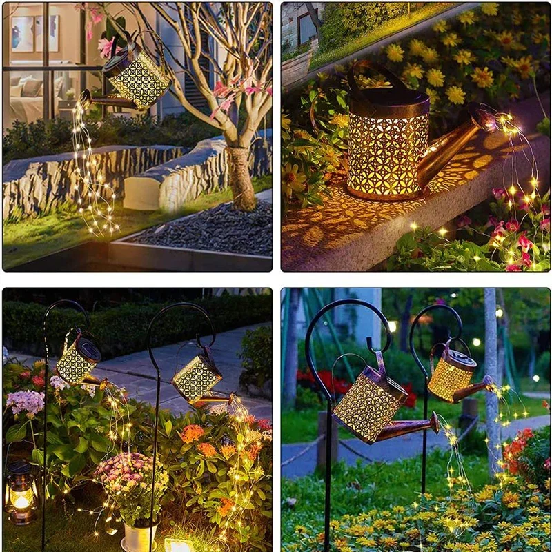 Solar LED Watering Can Lights Hanging Kettle Lantern Light Waterproof Yard Outdoor Lights Hollow Water Sprinkle Landscape Lamp