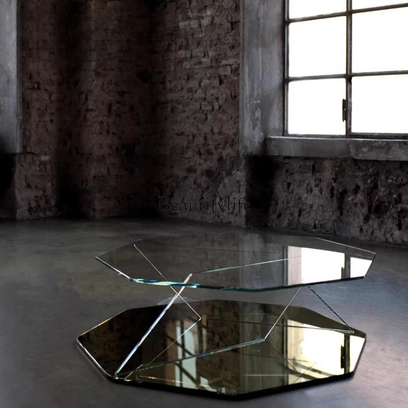 

Italian light luxury tempered glass coffee table villa home mirror glass sofa side table