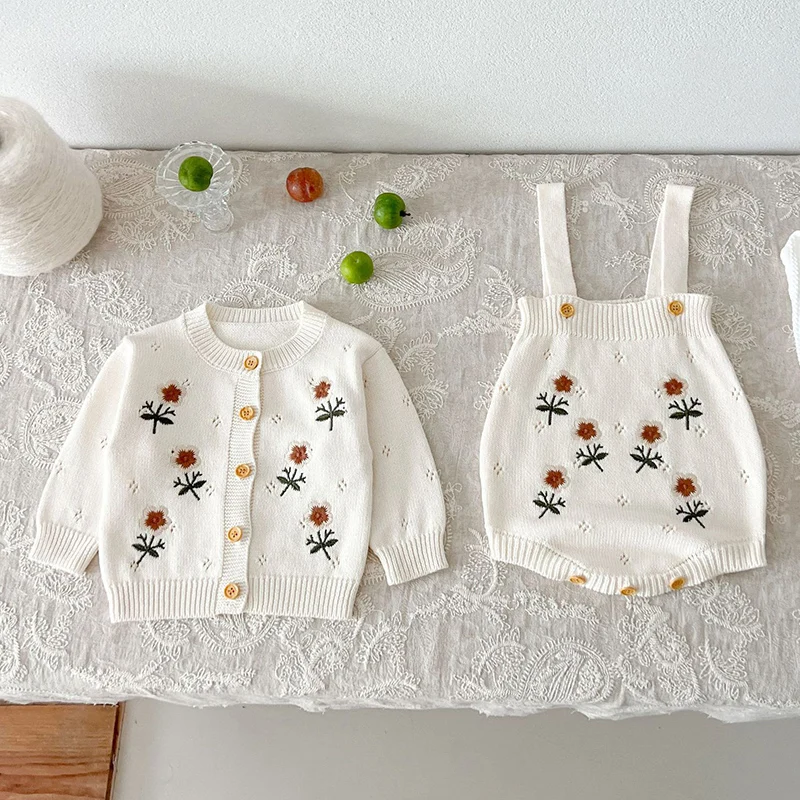 2024 New Autumn Newborn Baby Girls Clothing Set Long Sleeved Knitted Cardigan+Jumpsuit Toddler Baby Girl Knitting Clothes Suit