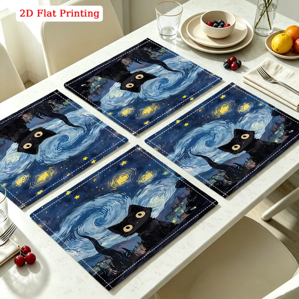 2Pcs Starry Night Black Cat Placemat Blue 2D Flat Printing Table Mat Kitchen Dining Decor Non Slip Heat Resistant 30X40Cm
