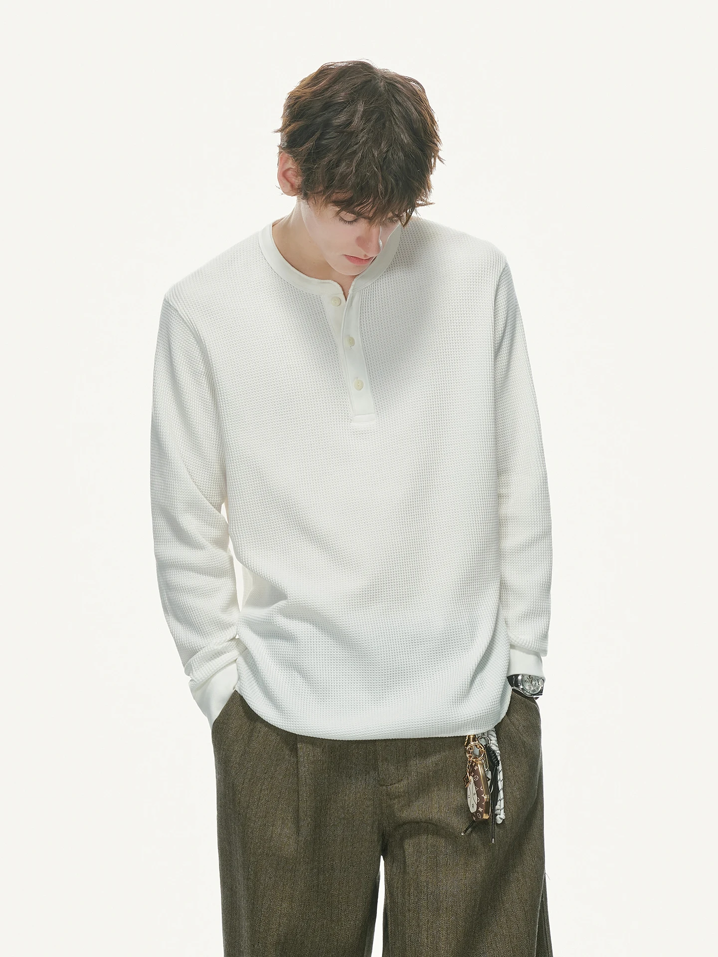 Dream Made Long Sleeve Henry Collar T-Shirt Men's Autumn Commute Base Layer Top Knitted Loose Fit Universal Size Youth Trend