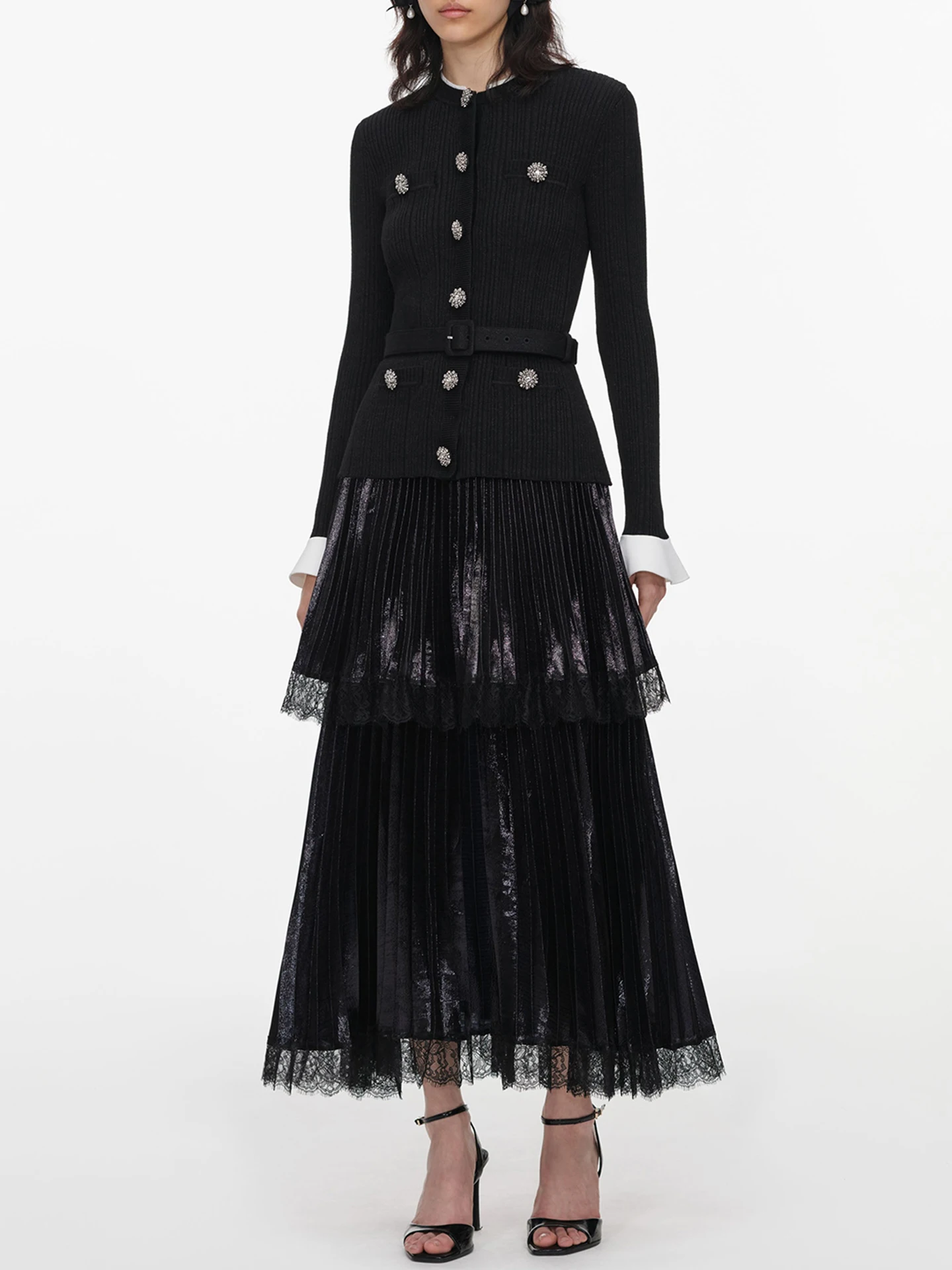 High-End Knitted Long Dress with Lace Design Autumn Collection by Nan You Fashion Elegant Ladylike Style Single Piece Dress