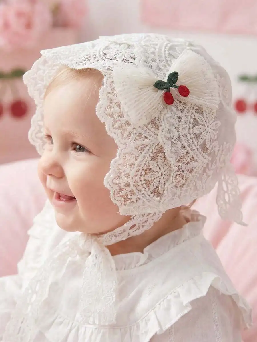 

Vintage Lace Embroidered Bonnet With Cherry Bow, Regal Style Headwear
