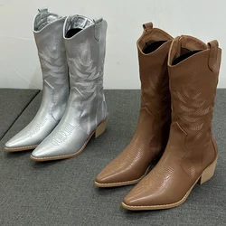 2024 New Western Cowboy Cowgirl Boots Pointed Middle Heel Coarse Heel Knee Mid Tube Silver Brown Texas Embroidered Women's Boots