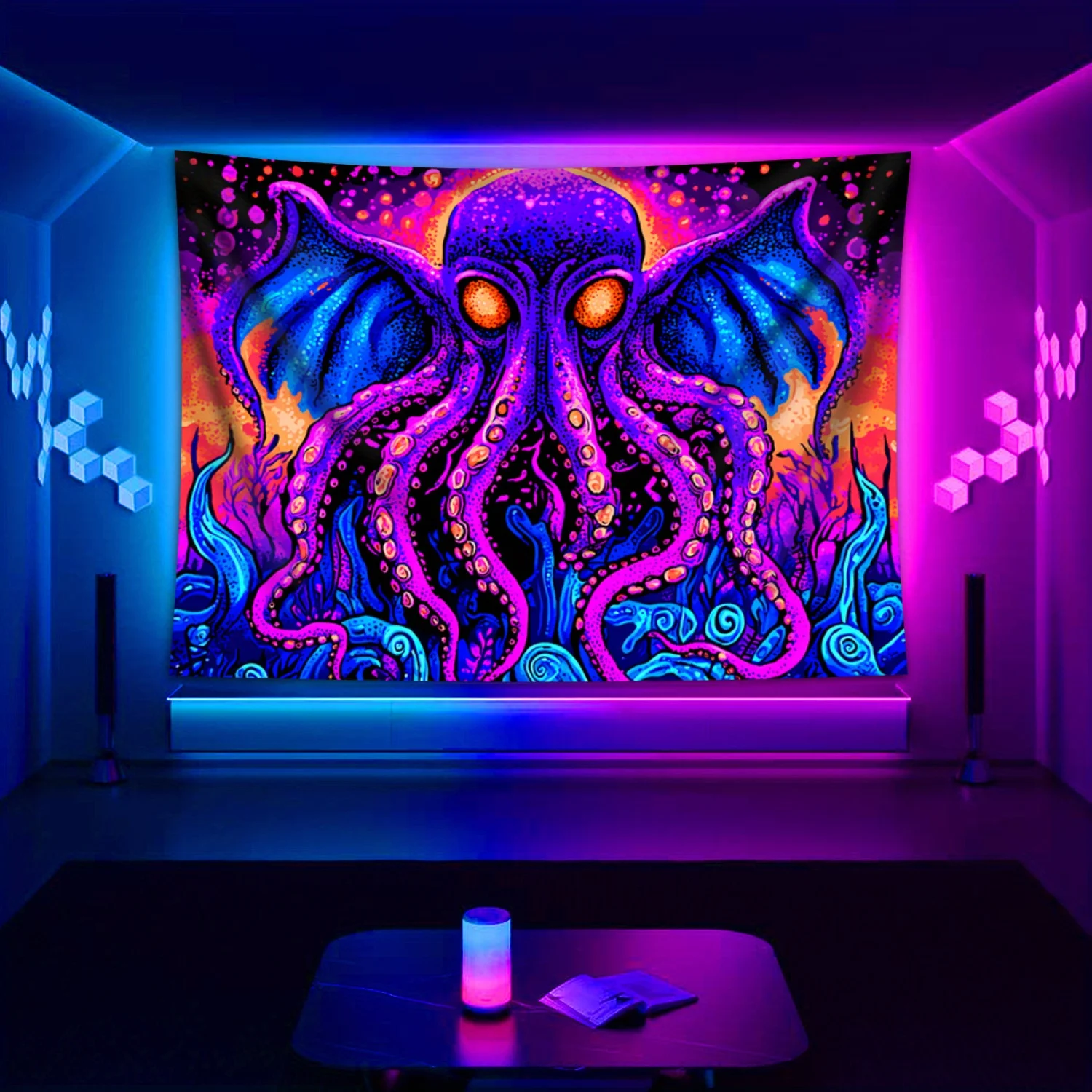 

VIKAMA Фэнтезийный гобелен с осьминогом, фиолетовый, сине-оранжевый, градиентные щупальца, декор игровой комнаты, богемный акцент для гостиной