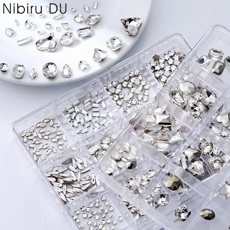 12 Grids White Nail Rhinestone Flat Bottom & Pointed Bottom Nail Art 3D Manicure Nail Art Decoration Charms Jewelry Glass Stone