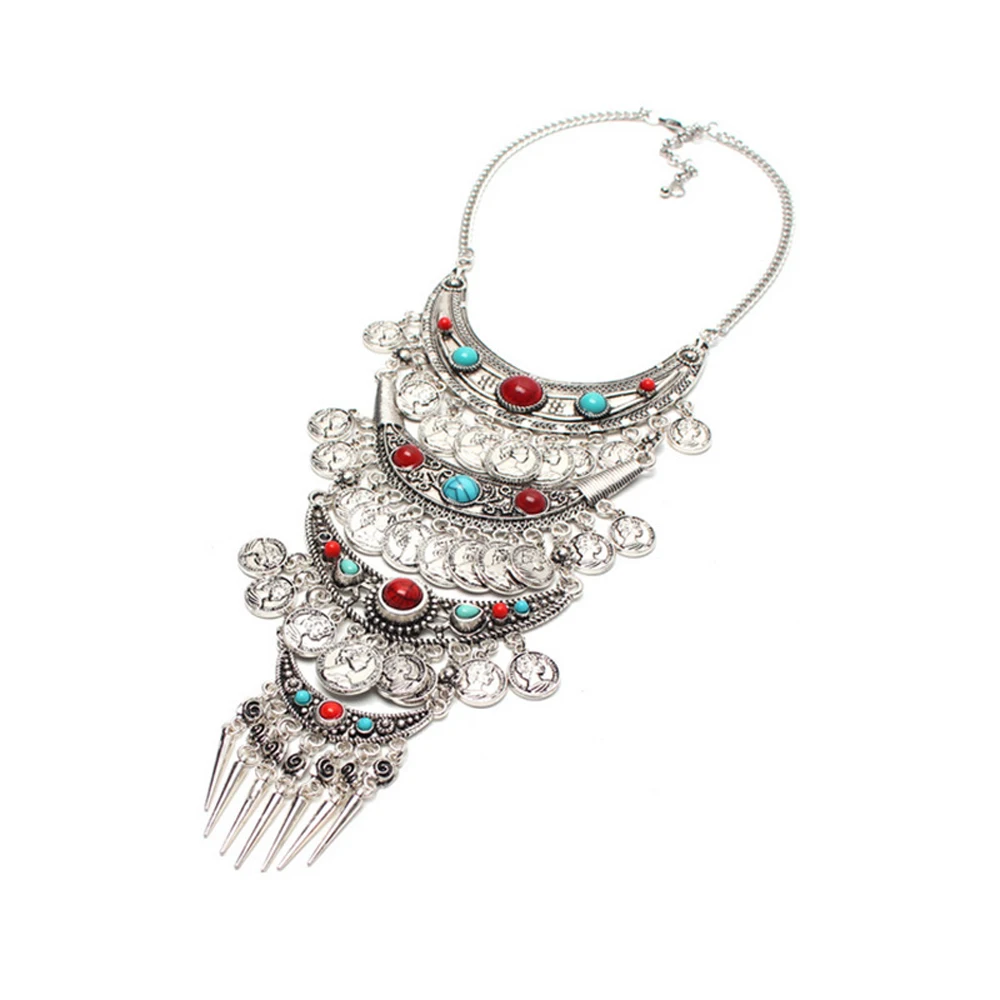 4-Layer Moon Pendant Coin Long Sweater Chain Retro Necklace Gypsy Tribe Ethnic Color Imitation Turquoise Boho Statement Jewelry