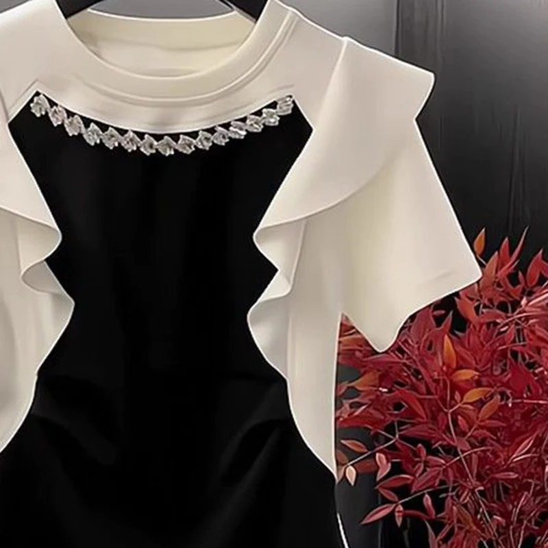 

French style fashion ruffled three-dimensional disc color block T-shirt short sleeve women's summer new patchwork casual top