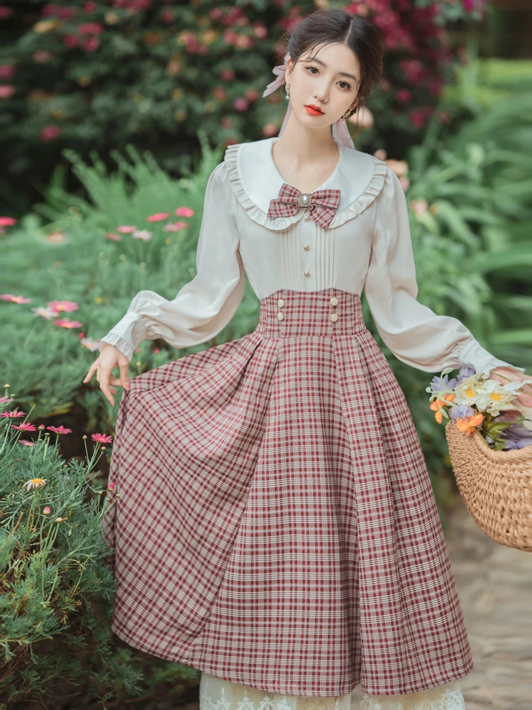 

Kawaii Preppy Style Bow 2PCS Blouse Skirt Set Cute Peter-Pan Collar Solid Women Blouse High Waist Lace Plaid A-line Maxi Faldas