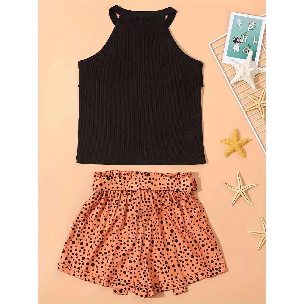 2PCS Girl\'s Trendy Outfit Halter Neck Camisole & Polka Dots Pattern Shorts Set Kid\'s Clothes For Summer kids clothes