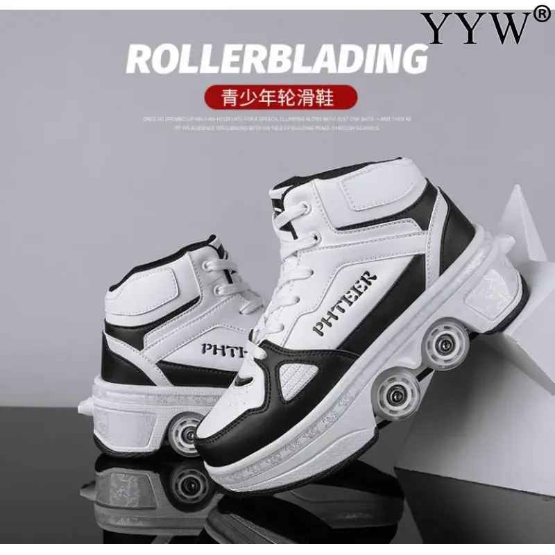 Pu Leather Adult Sport Roller Skate Shoes Casual Deformation Parkour Sneakers Skates With 4-Wheel For Rounds Children Of Running