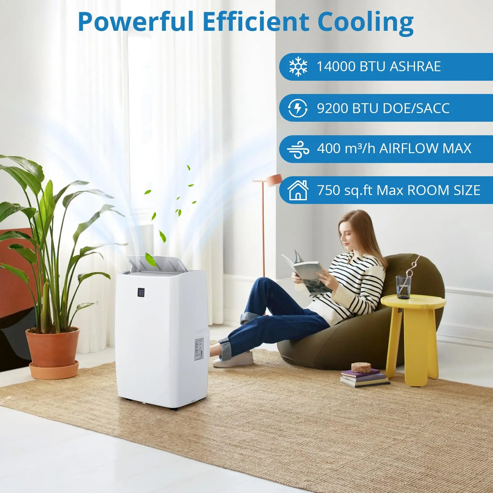 14000 BTU Portable Air Conditioner, 3-in-1 Portable AC Unit with Cool Dehumidifier Fan, 3 Fan Speed, Free Drainage, Remote Control, 24H Timer, Installation Kit, Cools up to 750 Sq.ft