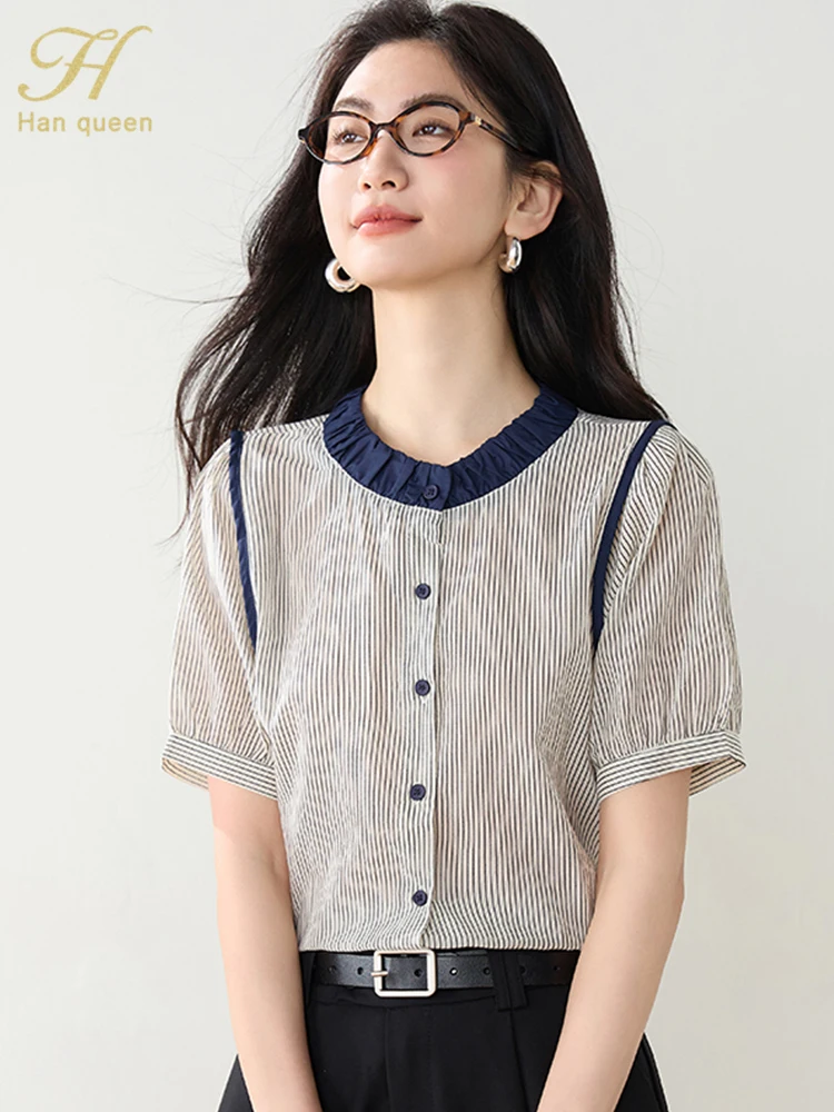 

H Han Queen Korean Color Blocked Stripes Basic Shirts Woman Clothing Chiffon Vintage Top Casual Work Office Shirts And Blouses