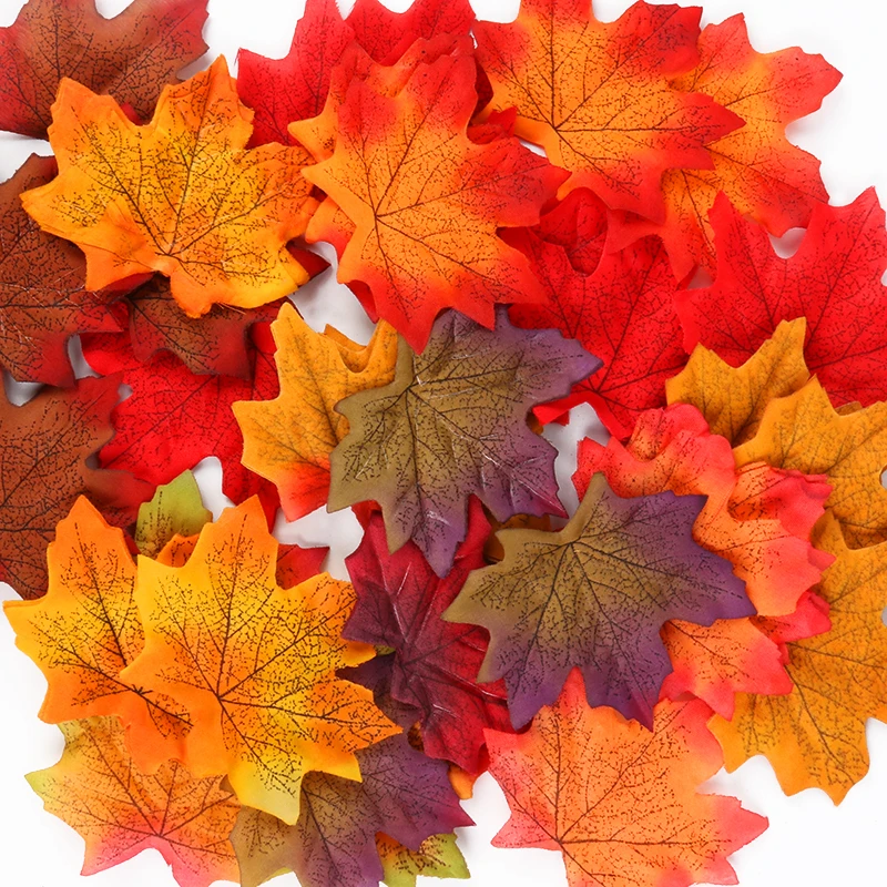 100pcs Artificial Autumn Maple Leaves Thanksgiving Halloween Mixed Fall Colored Leaf Wedding Thanksgiving Day Party Table Decor