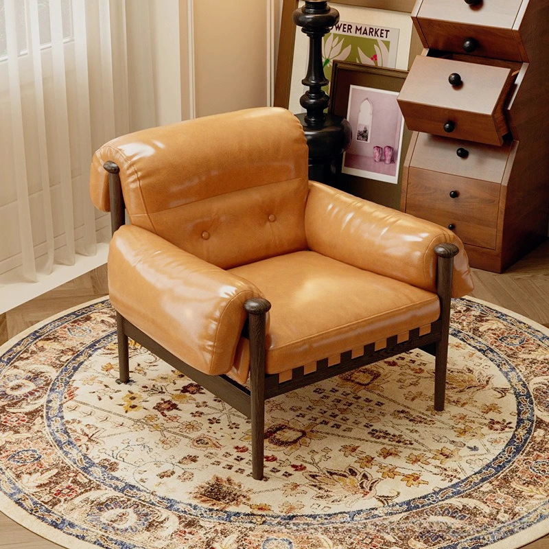 

Single Sofa Living Room Medieval Style Wax Leather Sofa Leisure Lazy Solid Wood Retro Recliner King Chair