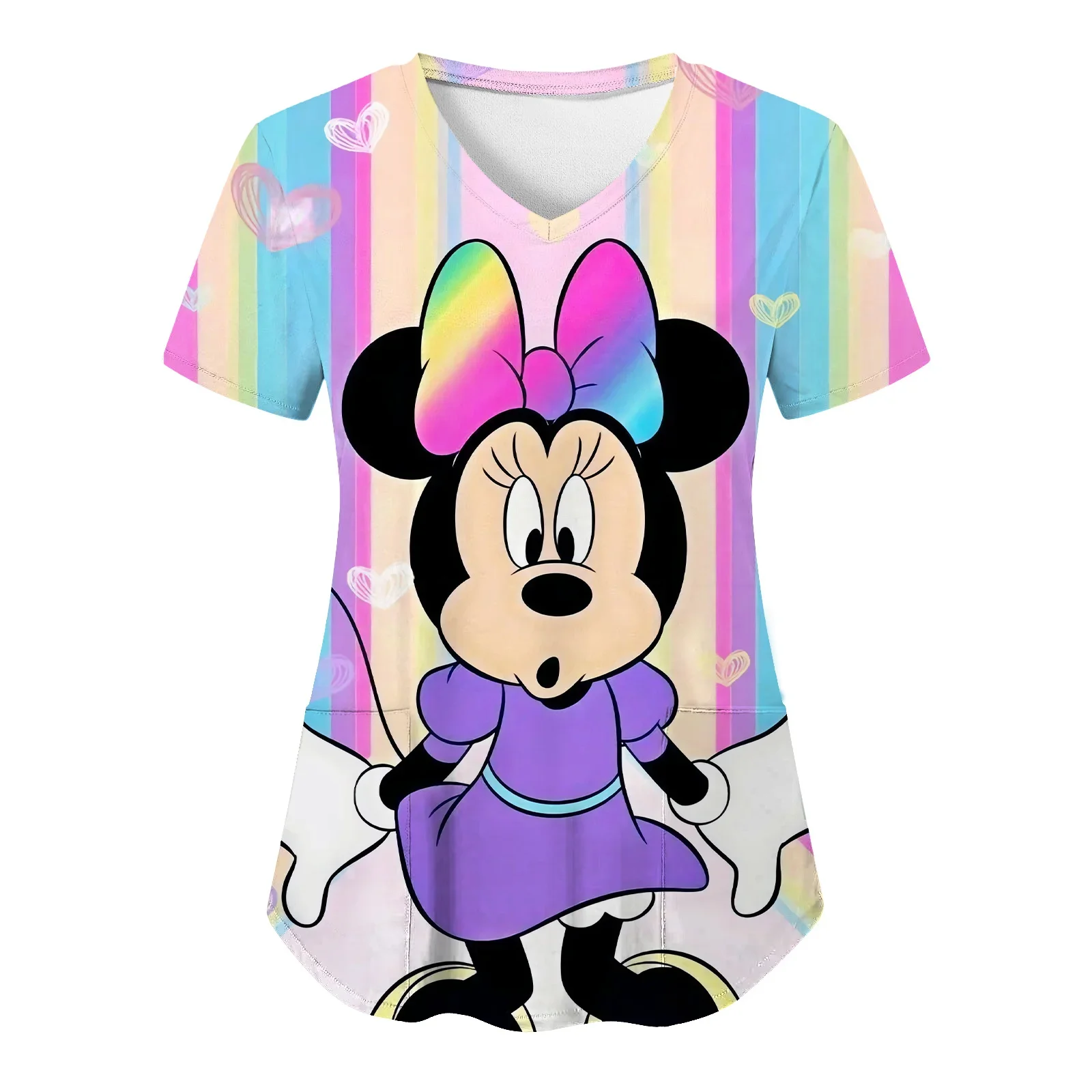 เสื้อT Mickeyเสื้อVคอเสื้อยืดพยาบาลเสื้อยืดDisney Topผู้หญิง 2025 โรงพยาบาลMinnie Mouseเสื้อผ้าผู้หญิงกระเป๋าTees