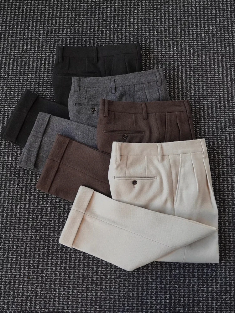 

Warm Wool Blend Men's Straight Leg Pants Winter Casual Luxury Lightweight Long Trousers Youth ular Sle Pure Color Design