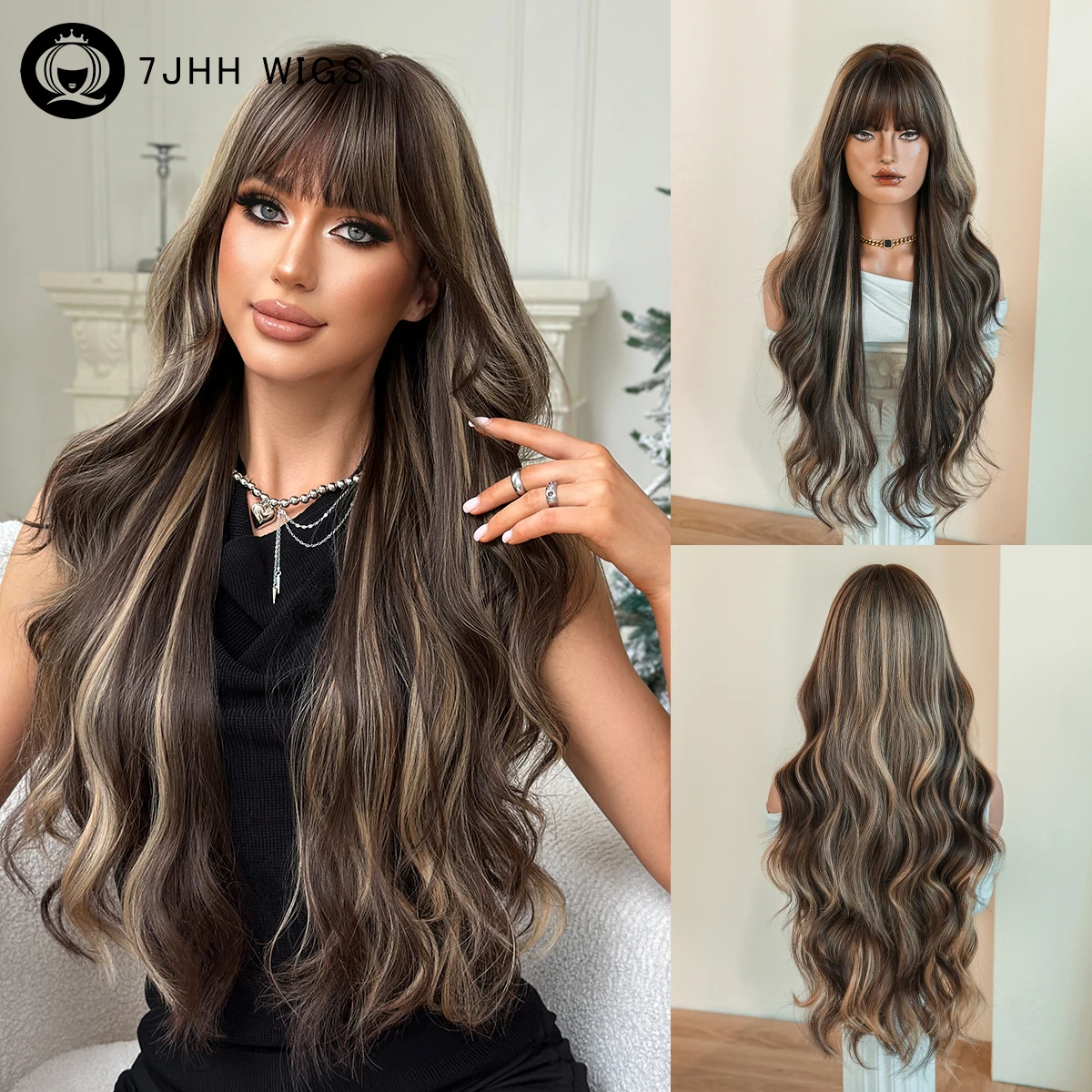 7JHH WIGS Lange Wasserwellen-Perücke Braun mit Blonden Highlights für Frauen Hochdichte Synthetische Modische Ombre-Perücken mit Gepflegtem Pony