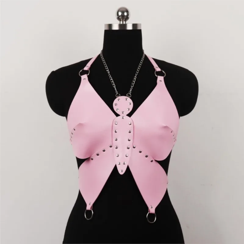 Women Pink Faux Leather Butterfly Lingerie Rivet Chain Halter O-ring Body Harness Adjustable Cosplay Party Costume Crop Top
