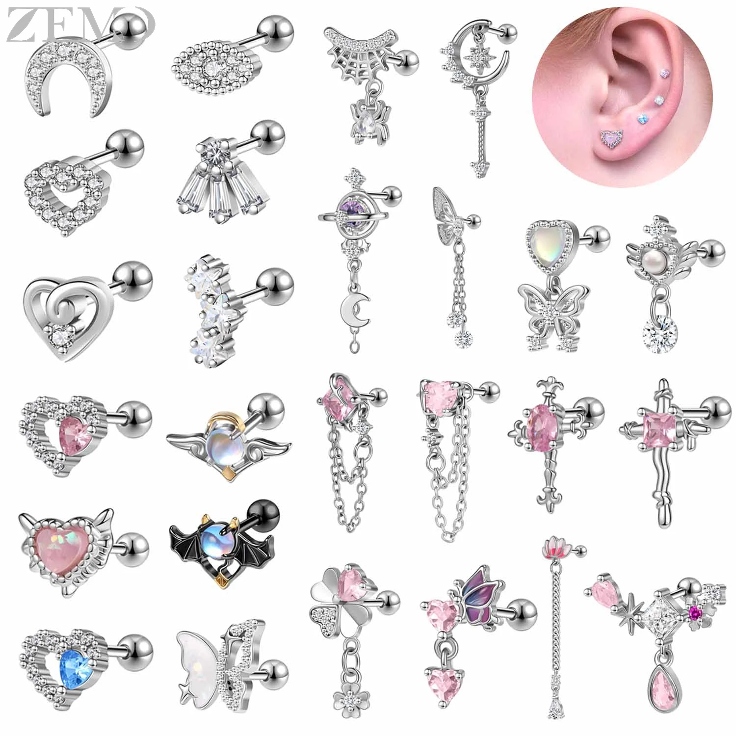 ZEMO 1 PC 16/20G Stainless Steel Stud Earrings Women Girls Lovely Pink Zircon Ear Studs Bat Tassel Helix Conch Piercings Jewelry