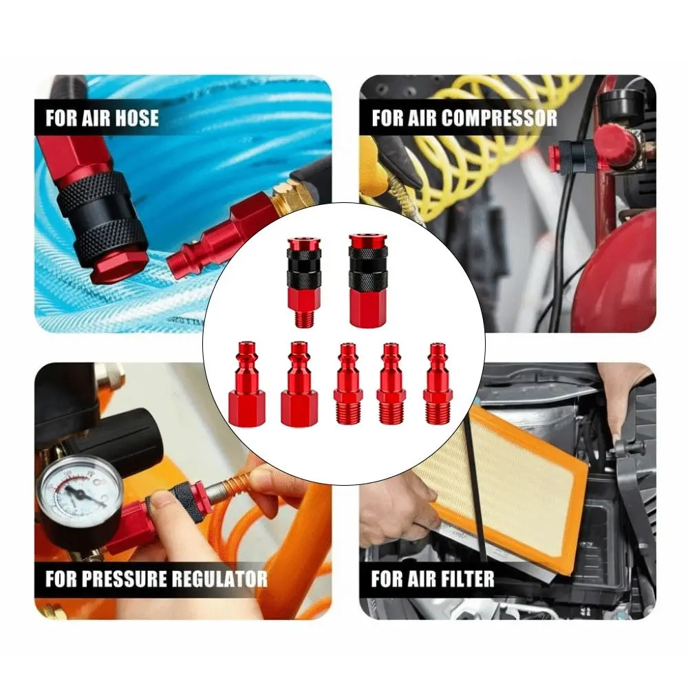 1/4 Inch NPT Thread Air Coupler Plug Kit Aluminium Lightweight Red Coating Air Compressor Accessories Universal Fitting