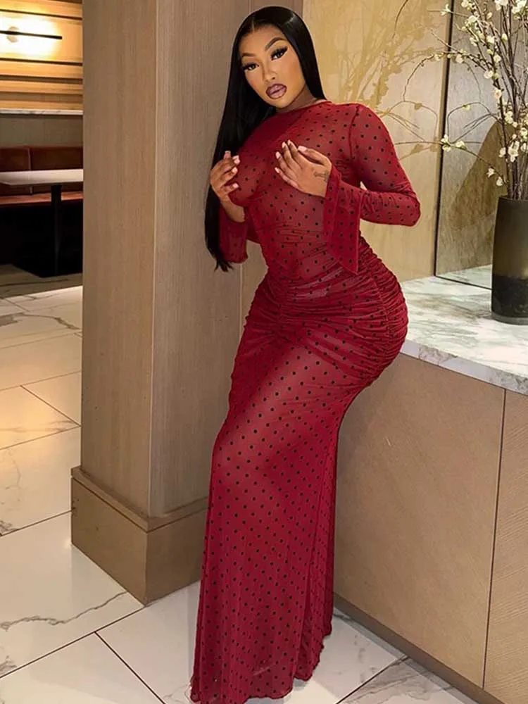 

Длинные элегантные весенние платья с расклешенными рукавами, с принтом в горошек, вечерние красные платья для молодых женщин, сексуальное платье на День святого Валентина