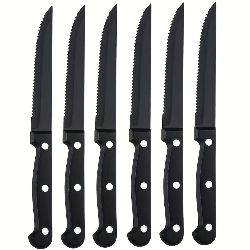 Steakmesser-Set, Besteckset, 4/6/8/16 Stück, Full Tang, Edelstahl, schwarz, scharf gezahnt, Abendessen, spülmaschinenfest, für Brot