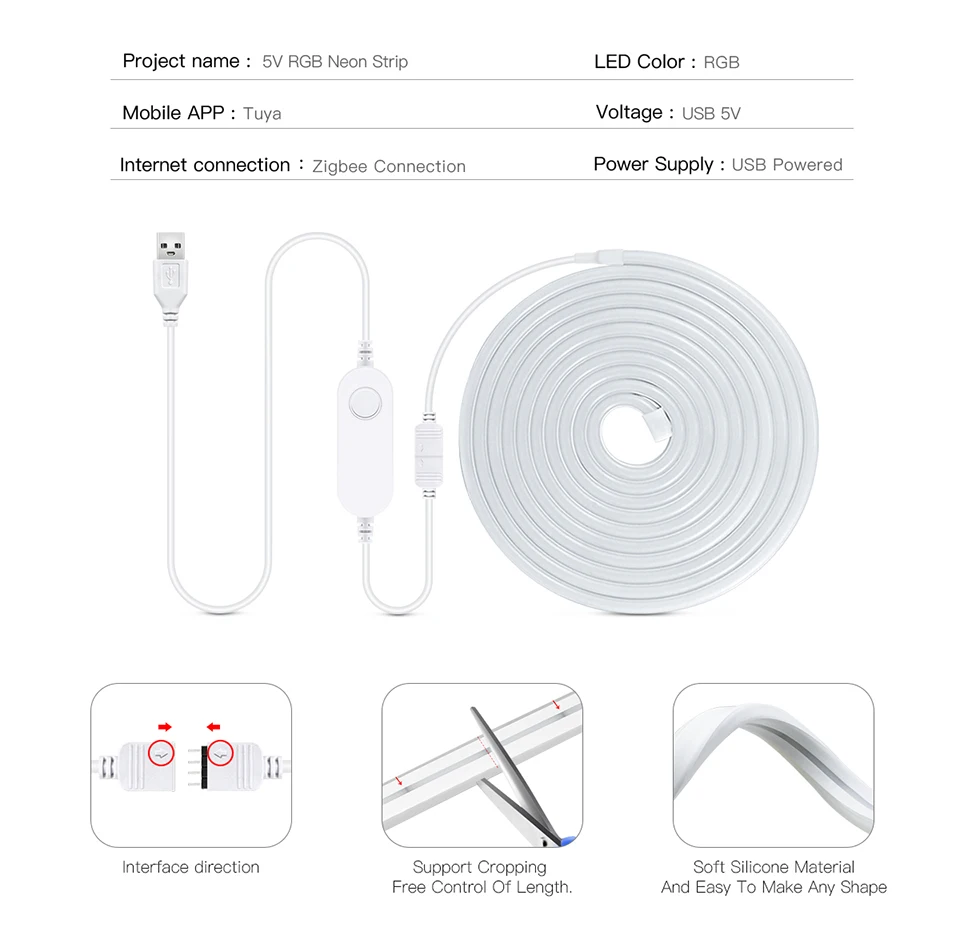 Zigbee Tuya Smart RGB LED Neon Strip USB 5V Flexible Ribbon Tape Waterproof LED Lights for Room Decoration Fita LED RGB Need HUB