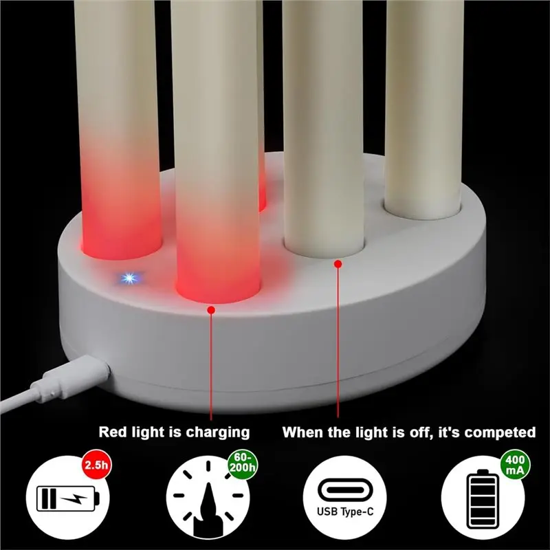 【CHRISTMAS 】Charging Station Included Rechargeable Flameless Taper Candles 6 Pcs LED Flickering Candles With Remote Timer