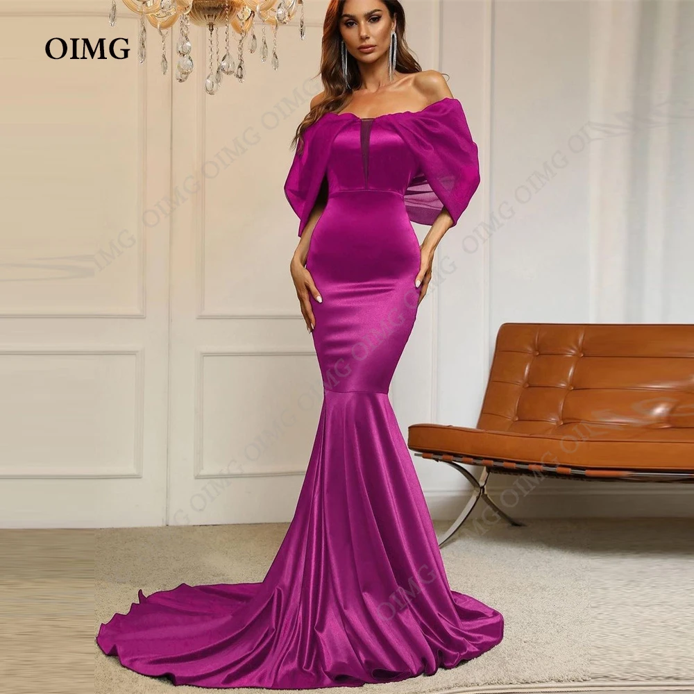 

OIMG Fuschia Prom Dresses Mermaid Satin Cocktail Evening Gowns Off Shoulder Formal Night Party Occasion Dress 2023 Vestidos