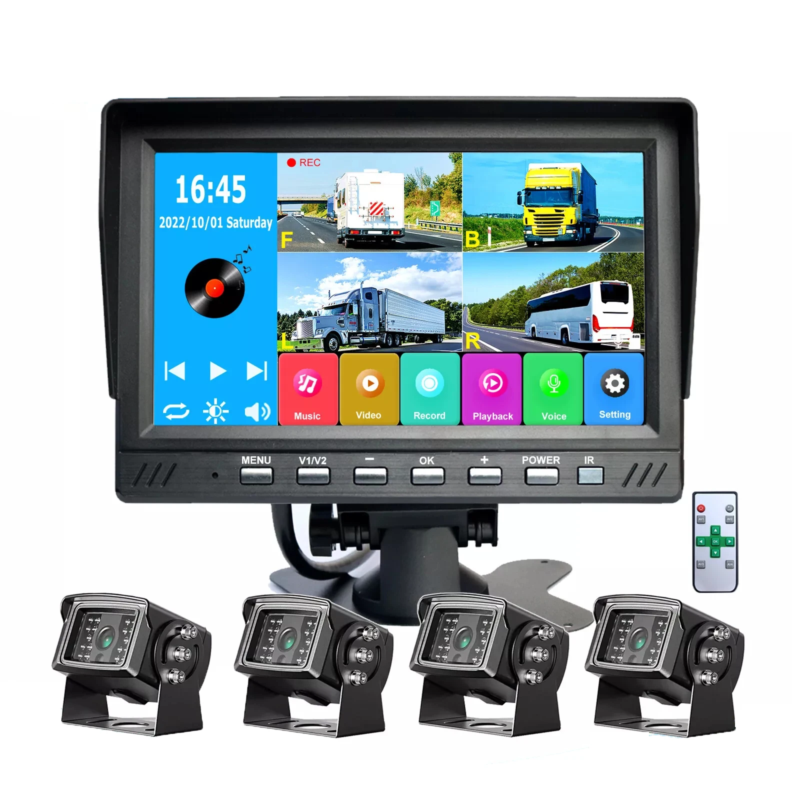 

1080P 7 Inch Quad DVR 4 Channels 720P Metal Backup Camera Multiple Media Driving Kit For Trucks Reverse Camera 1 Year
