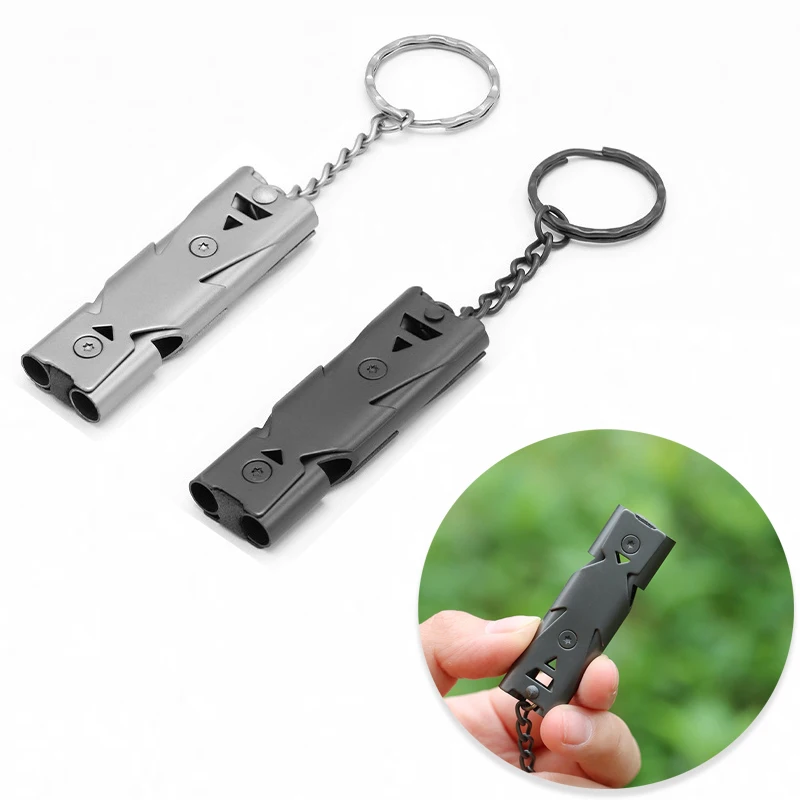 

Stainless Steel Dual-Tube Survival Whistle, Emergency Safety Whistle, Keychain Whistle Keyring, for Outdoor, Earthquake.